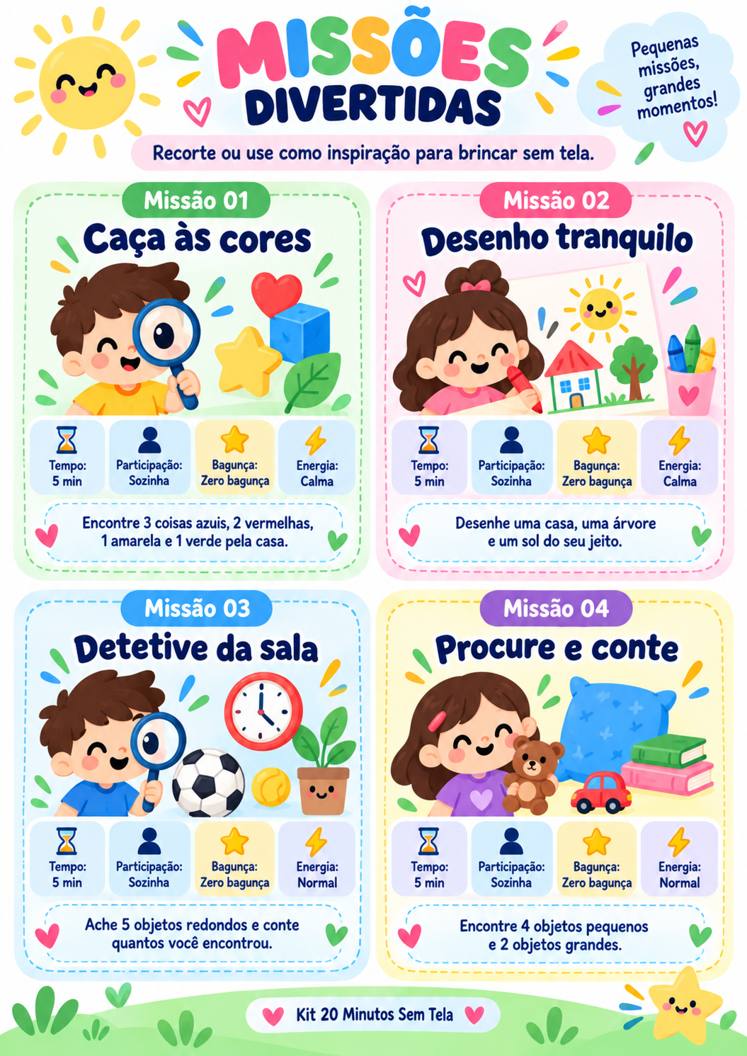 Folha com quatro cartões de missões divertidas
